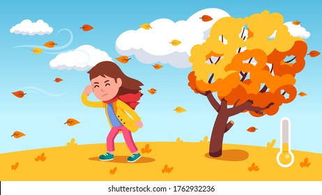 Girl kid struggle walking against wind near bending tree with yellow leaves windy autumn day. Thermometer showing fall season weather temperature. Flat vector person character illustration