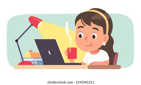 Girl kid studying online on computer at home desk. Student child person doing homework on laptop drinking tea, sitting at table with books. Education, knowledge, learning flat vector illustration