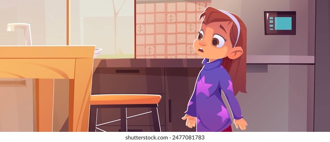 Girl kid surprised near table in kitchen room. Dining counter near fridge and sink panorama environment. Hungry toddler standing in morning at school day. Single child at home before kindergarten