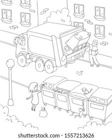 Girl Kid Taking Out Litter, Garbage To Different Recycle Bins In The City. Garbage Truck Picks Up Trash. Coloring Book. Line Simple Drawing.