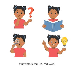 Girl kid thinks, reads a textbook, looks through a magnifying glass, finds an answer or an idea. Knowledge and education concept. Set of vector illustrations for children's design or school.