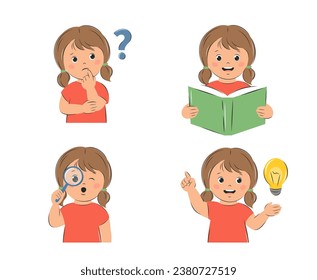 Girl kid thinks, reads a textbook, looks through a magnifying glass, finds an answer or an idea. Knowledge and education concept. Set of vector illustrations for children's design or school.