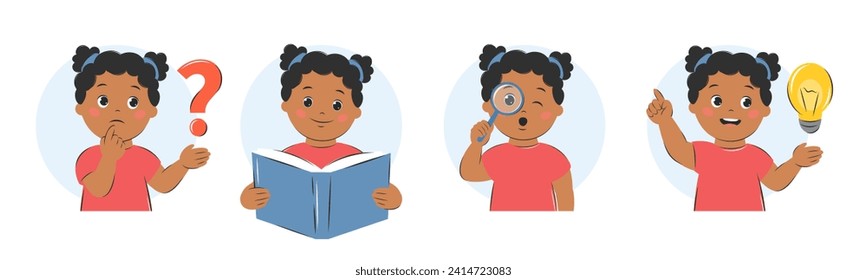 Girl kid thinks, reads a textbook, looks through a magnifying glass, finds an answer or an idea. Knowledge and education concept. Set of vector illustrations for children's design or school.