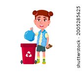 Girl Kid Throwing Rubbish Bag In Trash Can Vector. Happiness Caucasian Lady Child Trow Recycling Rubbish Bag In Bin. Character Infant Housework, Domestic Activity Flat Cartoon Illustration