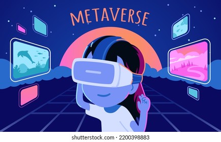 Girl kid VR headset in 3d metaverse. Child person wearing virtual reality glasses watching futuristic tech cyber space. Digital technology innovation journey, entertainment concept vector illustration