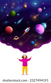 Muchacha con casco vr mirando a los planetas espaciales de galaxia, fascinada por el impresionante espectáculo cósmico, su imaginación se disparó a través de la vastedad del universo, explorando maravillas celestes distantes