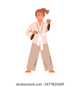 Chica niña con kimono y cinturón blanco, entrenamiento de karate practicar Vector ilustración plana. Dibujo animado lindo personaje niño que muestra técnicas de defensa de la mano posa en arte marcial aislado