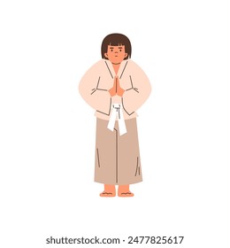 Niña usando kimono y cinturón blanco, mostrando el gesto de Namaste en la ilustración plana de Vector de entrenamiento de karate. Dibujo animado lindo personaje niño que muestra la pose de la mano en el arte marcial aislado en blanco