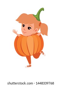 Girl kid wearing pumpkin costume cartoon character design flat vector illustration isolated on white background