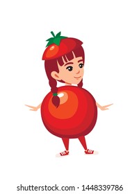 Girl kid wearing red tomato costume cartoon character design flat vector illustration isolated on white background
