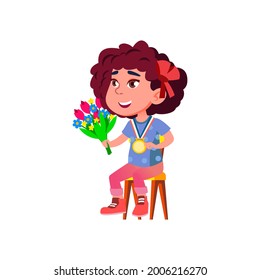 Girl Kid Winner With Medal And Flowers Vector. Happy Caucasian Schoolgirl With Golden Reward And Aromatic Bouquet Celebrate Victory In Tournament. Character Flat Cartoon Illustration