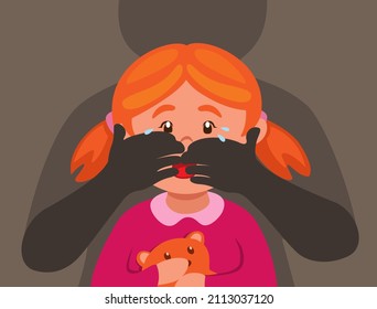 Girl kidnap with mysterious person in back, criminal scene cartoon illustration vector