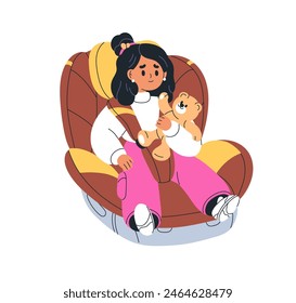 Girl in kids car seat, holding teddy bear. Child secured with safety belt in backseat. Girl in baby auto chair, toy in hand. Road travel security. Flat vector illustration isolated on white background