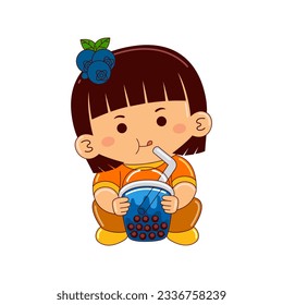 girl kids drinking iced blueberry bubble tea