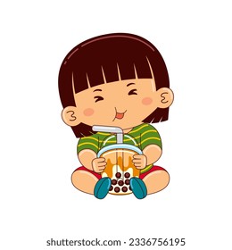girl kids drinking iced bubble milk tea