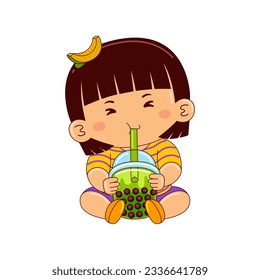 girl kids drinking iced honeydew bubble tea