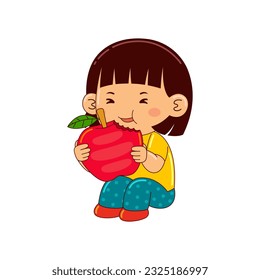 girl kids eating apple vector illustration
