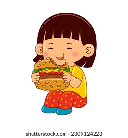 girl kids eating burger vector illustration