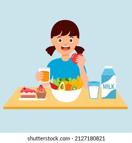 Girl kids eating fruits, sweet cake, some vegetables and drinking orange juice, milk in flat design. Children enjoy eating delicious meal for breakfast or lunch.