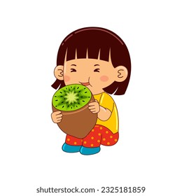 girl kids eating kiwi vector illustration