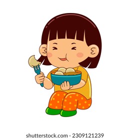 girl kids eating meat ball vector illustration