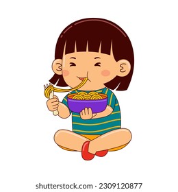 girl kids eating noodle vector illustration