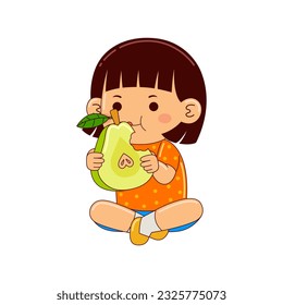 girl kids eating pear vector illustration