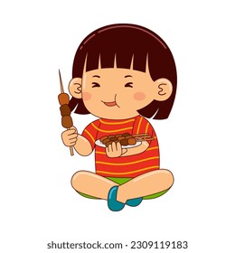 girl kids eating satay vector illustration
