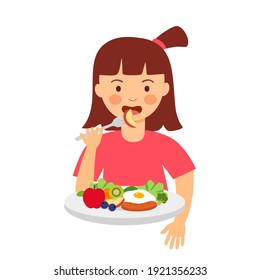 Girl kids eating sausage, fried egg, fruits and some vegetables in flat design on white background. Children enjoy eating delicious meal for breakfast or lunch.