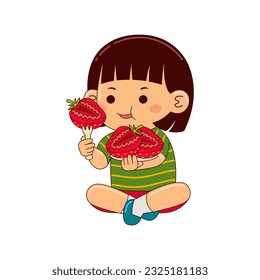 girl kids eating strawberry vector illustration