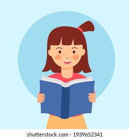 Girl kids enjoy reading book in flat design. Reading time concept vector illustration. I love reading. Knowledge and education.