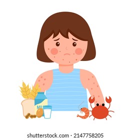 Girl kids having food allergy symptom to products like seafood, gluten, egg, peanut and milk in flat design. Child got red spots on her skin.