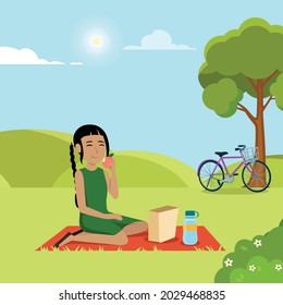 Girl kids having lunch picnic on the park grass. Smiling kids characters. Modern flat vector illustration clipart.