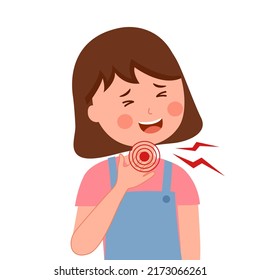 Girl kids having sore throat symptom from virus or bacteria in flat design on white background.