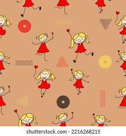 girl kids lovely cute mascot characters seamless pattern premium vector