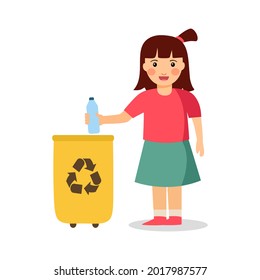 Girl kids throwing plastic bottle into recycle trash bin in flat design on white background. Recycle garbage.