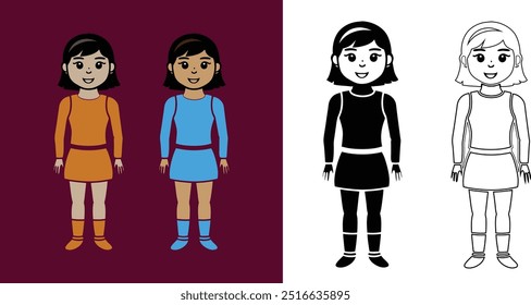 Girl Kids Vector Silhouette Art Collection | Female Child Black White Cartoon Vector Clipart 4 in 1