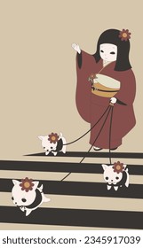 A girl in a kimono crossing a pedestrian crossing with her pet dog