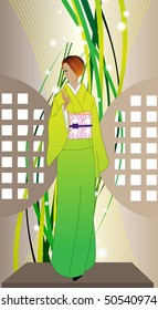 The girl in a kimono on an abstract background. A vector illustration