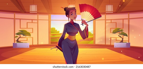 Girl in kimono with red fan in dojo. Vector cartoon illustration of interior of traditional japanese room for karate and meditation with woman geisha and landscape of green paddy fields behind window