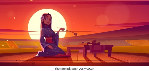 Girl in kimono and traditional wooden furniture for japanese tea ceremony. Vector cartoon illustration with geisha, cups and teapot on table on background of fields landscape at sunset