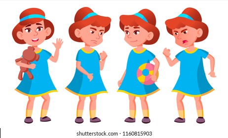 Girl Kindergarten Kid Poses Set Vector. Happy Children Character. Babysitting. For Advertisement, Greeting, Announcement Design. Isolated Cartoon Illustration
