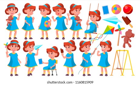 Girl Kindergarten Kid Poses Set Vector. Little Children. Happiness Enjoyment. For Web, Brochure, Poster Design. Isolated Cartoon Illustration