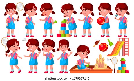 Girl Kindergarten Kid Poses Set Vector. Preschool. Young Person. Cheerful. For Web, Brochure, Poster Design. Isolated Cartoon Illustration
