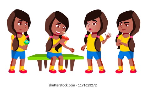 Girl Kindergarten Kid Poses Set Vector. Black. Afro American. Preschool, Childhood. Smile. Toys. For Web, Poster, Booklet Design. Isolated Cartoon Illustration