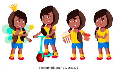 Girl Kindergarten Kid Poses Set Vector. Black. Afro American. Baby Expression. Preschooler. For Card, Advertisement, Greeting Design. Isolated Cartoon Illustration