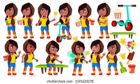 Girl Kindergarten Kid Poses Set Vector. Black. Afro American. Pretty Positive Baby. Leisure. For Postcard, Announcement, Cover Design. Isolated Cartoon Illustration