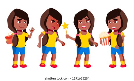 Girl Kindergarten Kid Poses Set Vector. Black. Afro American. Preschool. Young Positive Person. Beauty. For Banner, Flyer, Brochure Design. Isolated Cartoon Illustration