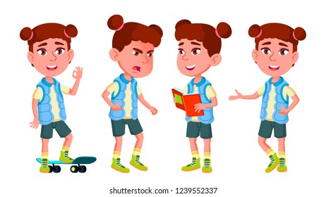 Girl Kindergarten Kid Poses Set Vector. Kiddy, Child Expression. Junior. For Postcard, Cover, Placard Design. Isolated Illustration