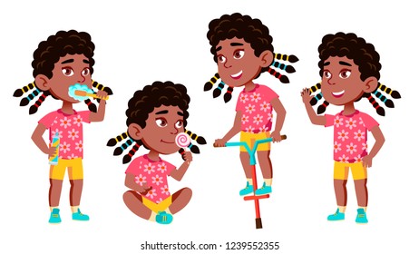 Girl Kindergarten Kid Poses Set Vector. Black. Afro American. Happy Beautiful Children Character. For Advertising, Booklet, Placard Design. Isolated Illustration